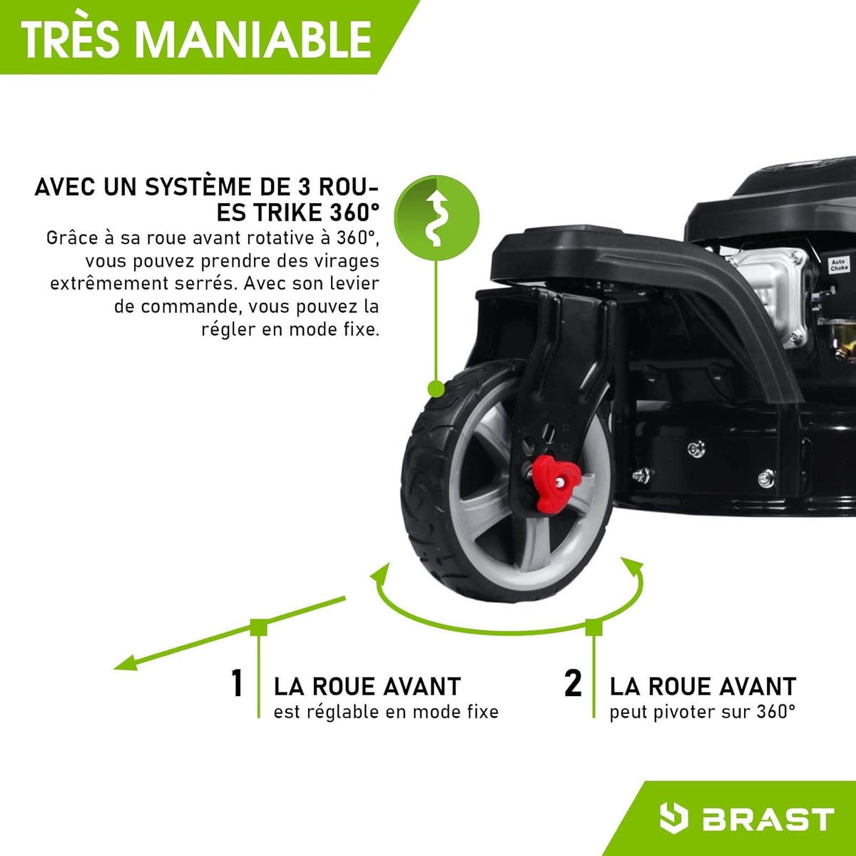 BRAST tondeuse thermique 3 roues TRIKE E-START 224cc 53cm tractée démarrage électrique mulching 4en1 capot en t?le en acier 60l - moteur 4 temps de la marque fran?aise GT reglable