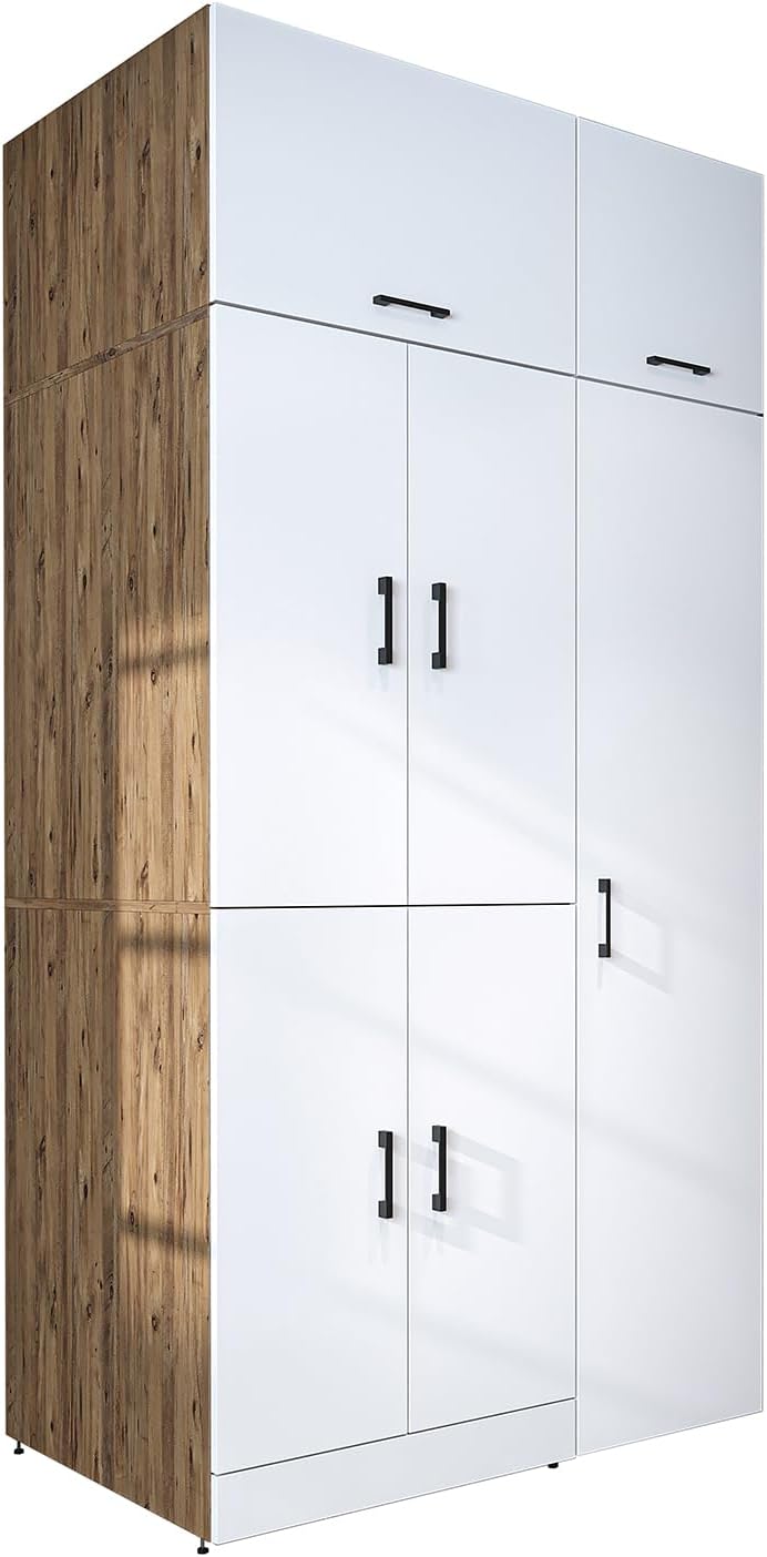 ROOMART Dora - Armoire de machine à laver - Pour sèche-linge et machine à laver - En 4 couleurs - Avec portes et panneau coulissant - Blanc - Chêne blanc - Chêne anthracite - Chêne blanc (chêne blanc)