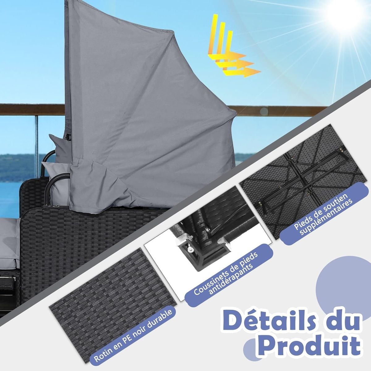 Chaise Longue à 2 Places en Rotin avec Auvent Rétractable Bain de Soleil avec Panneaux Latéraux Pliables Charge 360KG Beige/Gris