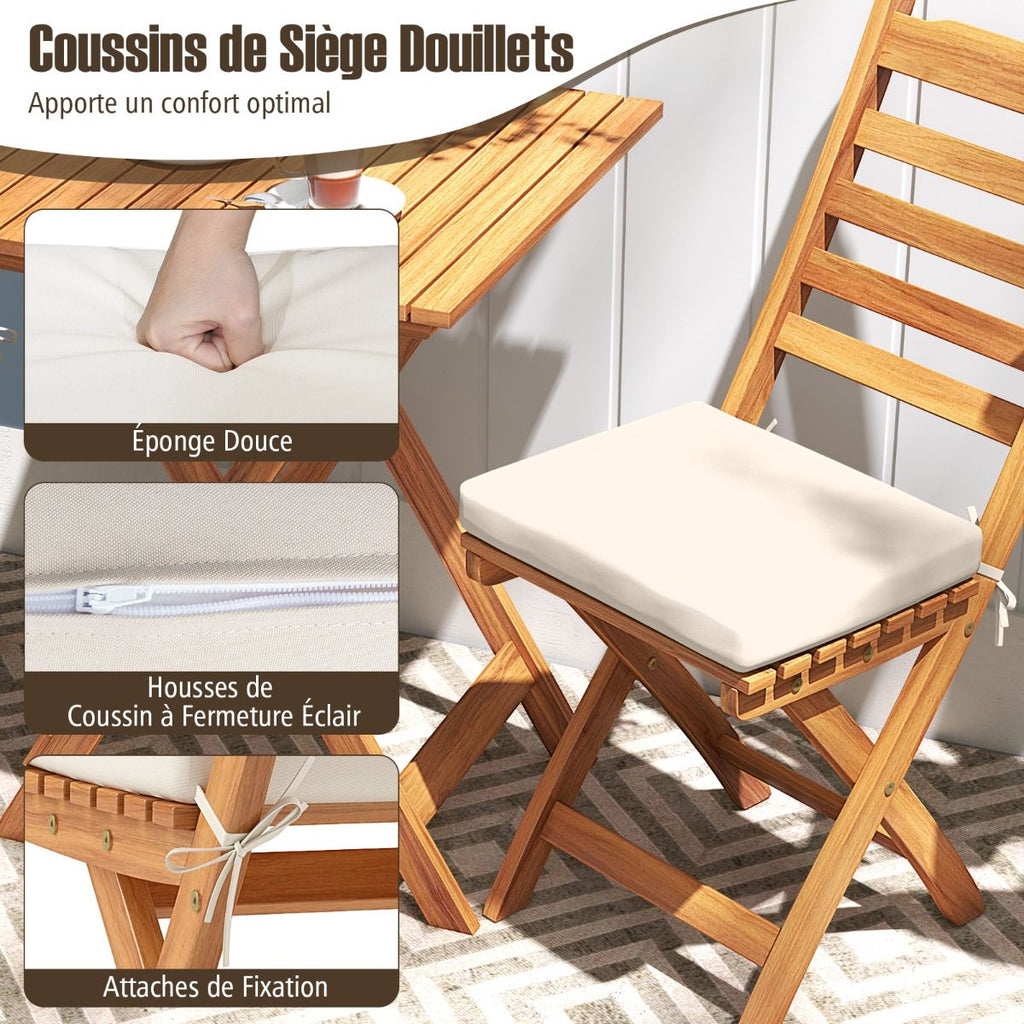 Ensemble Bistrot d'Extérieur en Bois d'Acacia Ensemble de Chaises Pliantes et Table Coussins de Siège Sans Accoudoirs à Dossier Haut Blanc