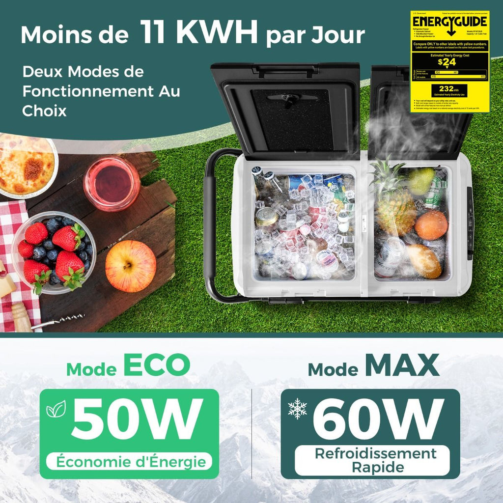 Glacière électrique Portable Double Zone 40L Réfrigérateur de Voiture 12 V à Compresseur -20°C?~?20°C 12/24V CC et 100-240V CA Noir
