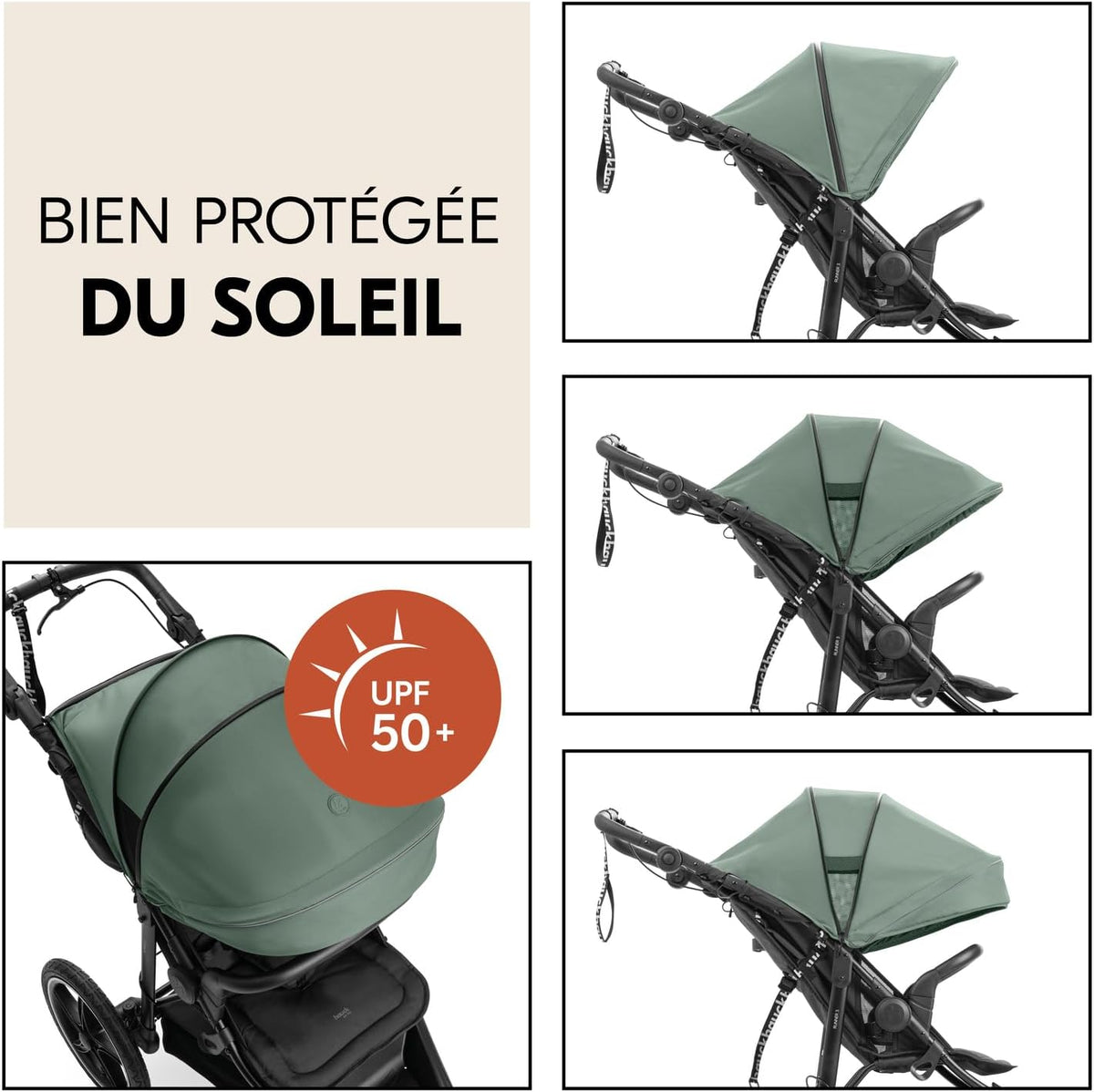 hauck Poussette 3 Roues Runner 3, Tout Terrain avec Roues XL Gonflables, Jusqu'à 22 kg, Frein à Main, Suspension, Canopy UPF 50+, Pliable, Panier, Position Allongée, Porte-Gobelet (Jungle Green)