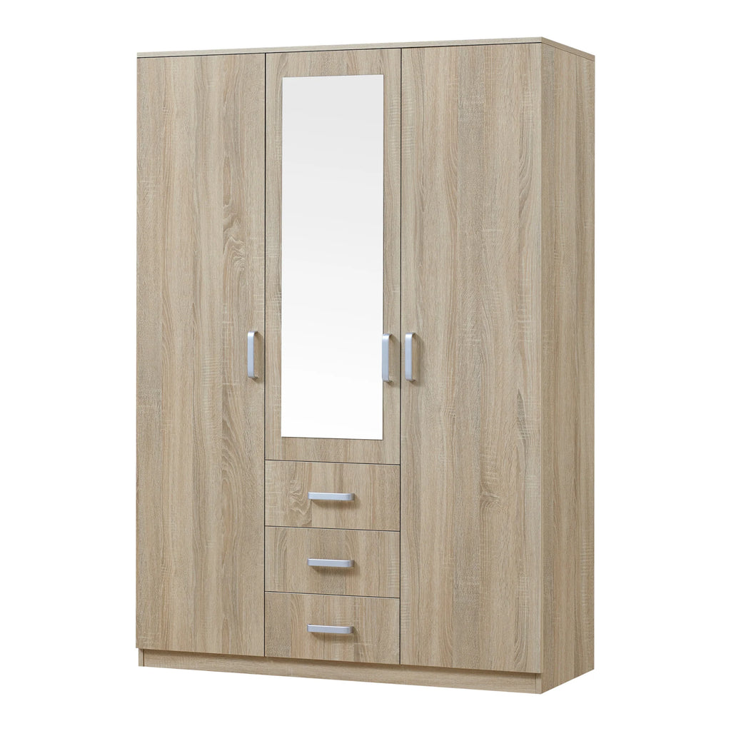 Armoire de chambre garde-robe moderne meuble de rangement intemporel 5 étagères 3 tiroirs + miroir MDF 176 x 120 x 52 cm effet chêne sonoma 03_0006369