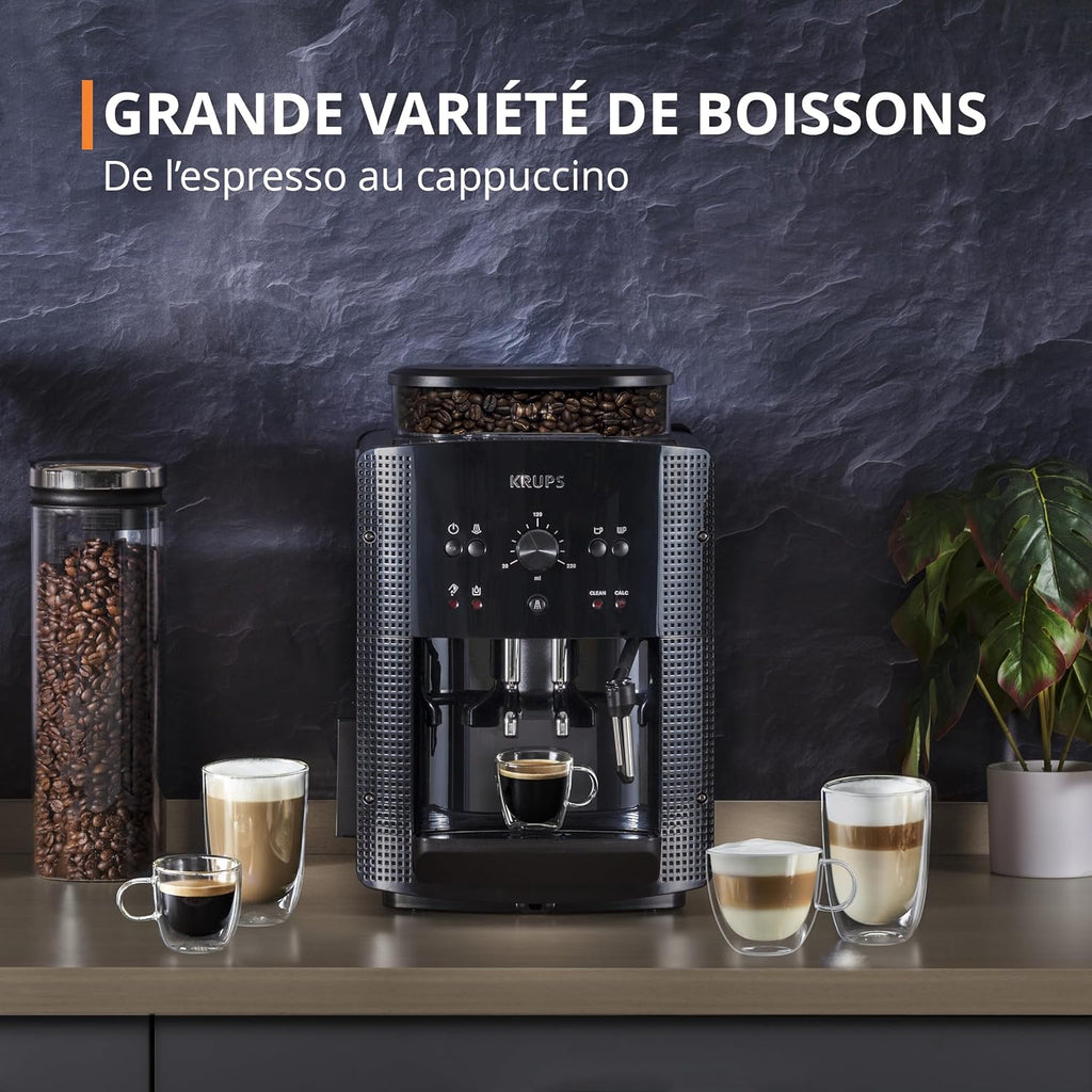 Krups Machine à café grain, 1,7 L, 2 tasses en simultané, Nettoyage automatique, Buse vapeur pour Cappuccino, Cafetière espresso, Essential noire YY8125FD, Noir