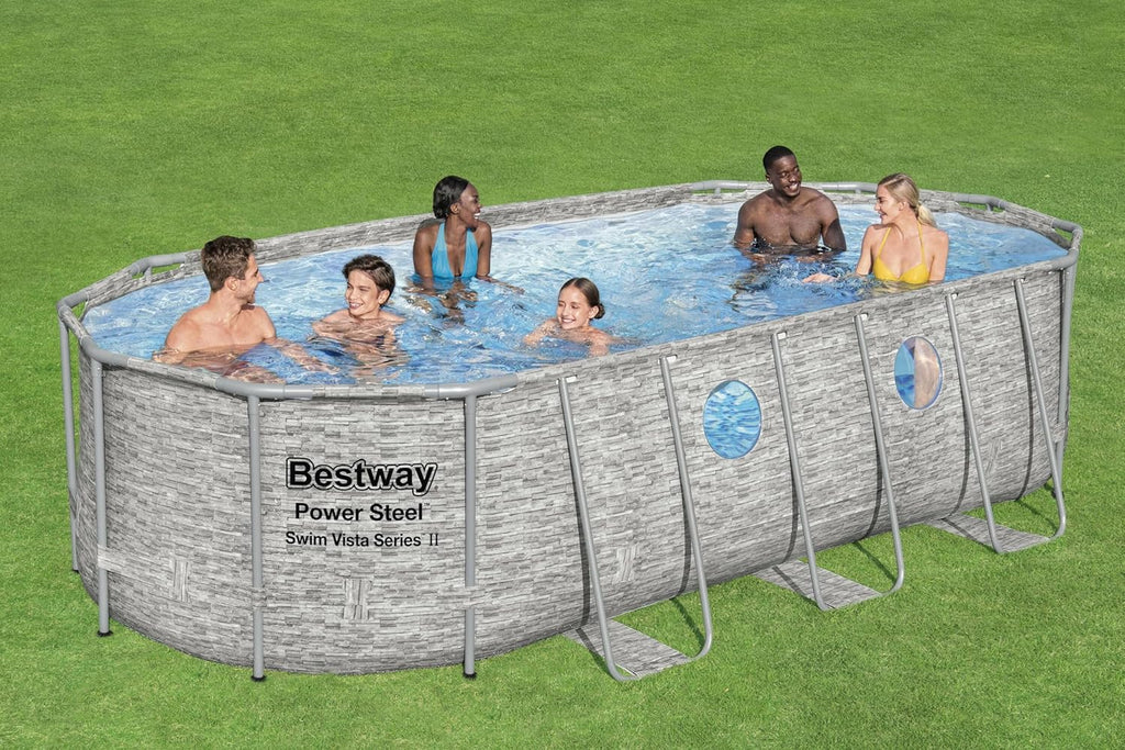Bestway 56946 Piscine Power Steel? Swim Vista ovale 488 x 305 x 107 cm motif rotin avec hublots, filtration à sable, échelle, bache et diffuseur Chemconnect?