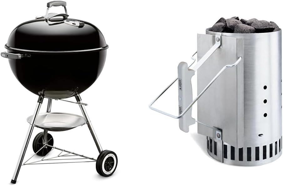 Weber Classic Kettle barbecue au charbon de bois, surface de cuisson ? 57cm, barbecue avec couvercle et cuve en acier emaillé, thermomètre intégré au couvercle, trépied et roues - Noir (1341504)
