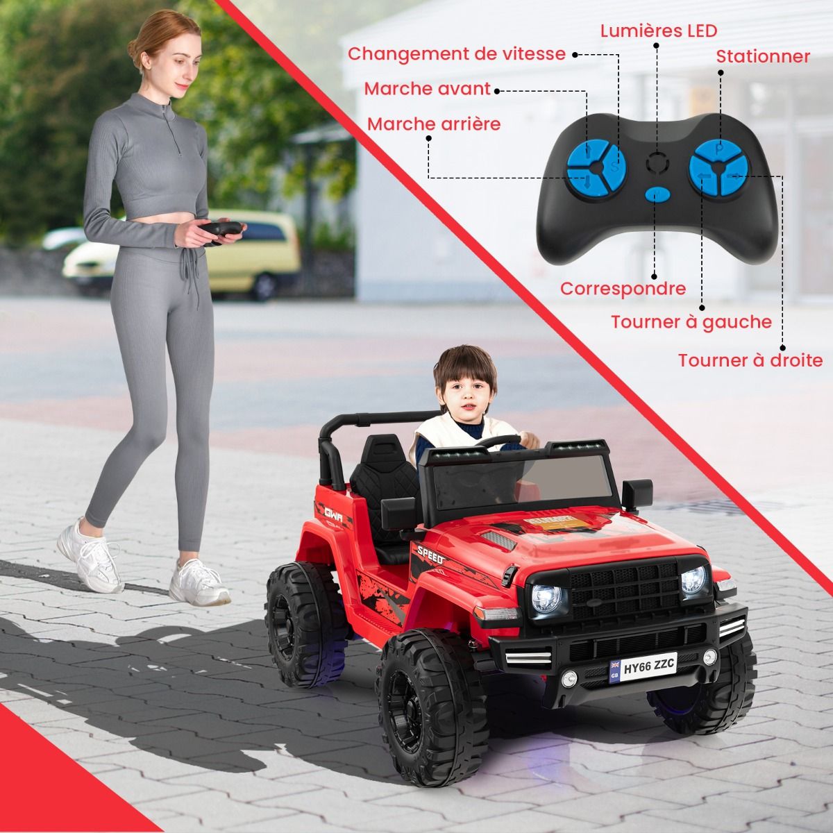 24V Voiture électrique 2 Places Enfants avec Télécommande 2,4G Musique LED Démarrage Lent 2 Vitesses Charge 35kg pour 3-8 Ans+ Rouge/Rose/Vert