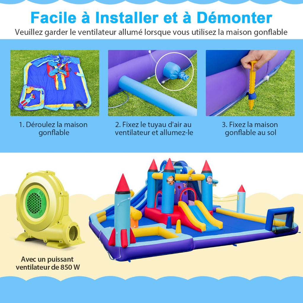 Chateau Gonflable à Toboggans Aquatiques Thème de La Fusée pour Enfants Piscine Zone de Saut Pistolet à Eau Escalade Souffleur de 850 W Multicolore