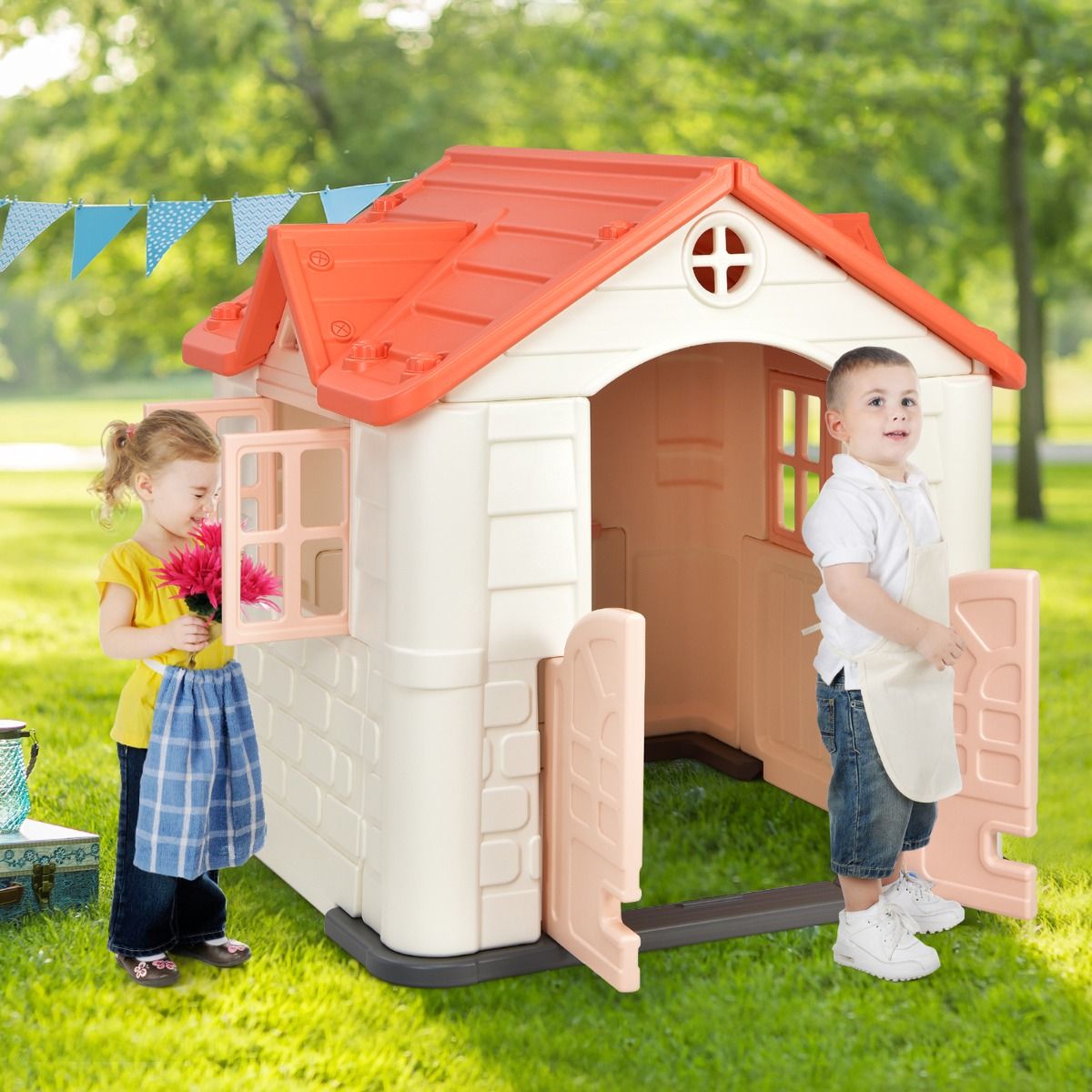 Maison Chef House -Thème Burger Bar - Table de Pique Nique Cabane de Jardin Anti-UV en Plastique 164x124x132 cm Bleu/Rose/Jaune